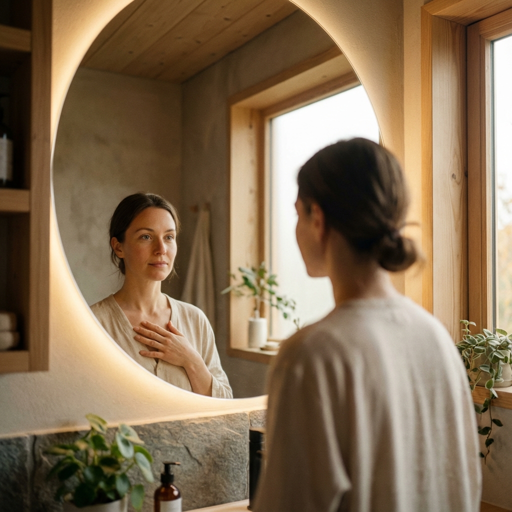 Donna che pratica autoaffermazione con il Mirror Work