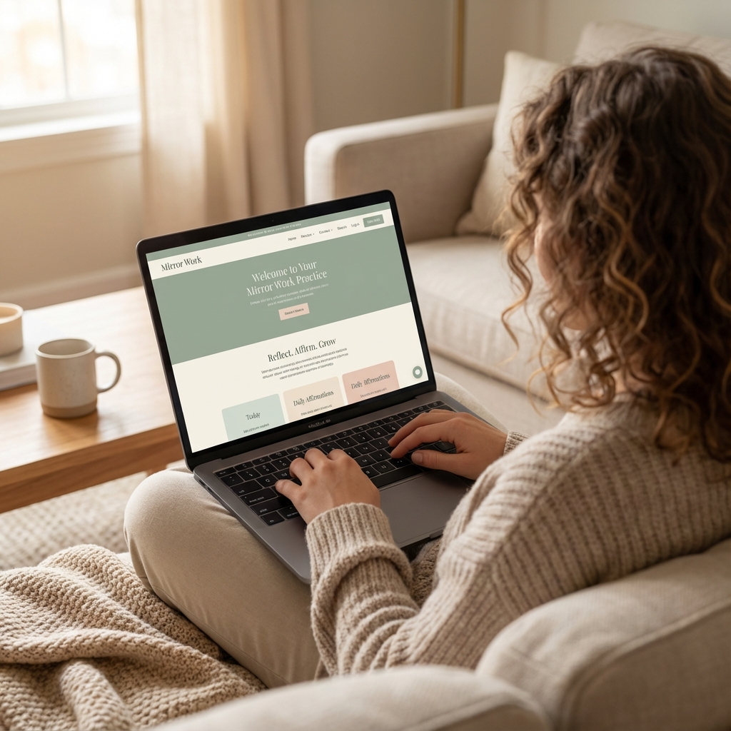 Utente che pratica Mirror Work su laptop con prompt guidati